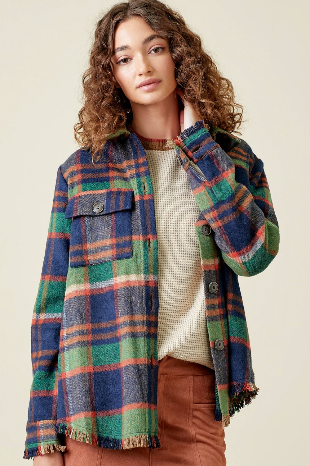 Fringe Detail Plaid Jacket