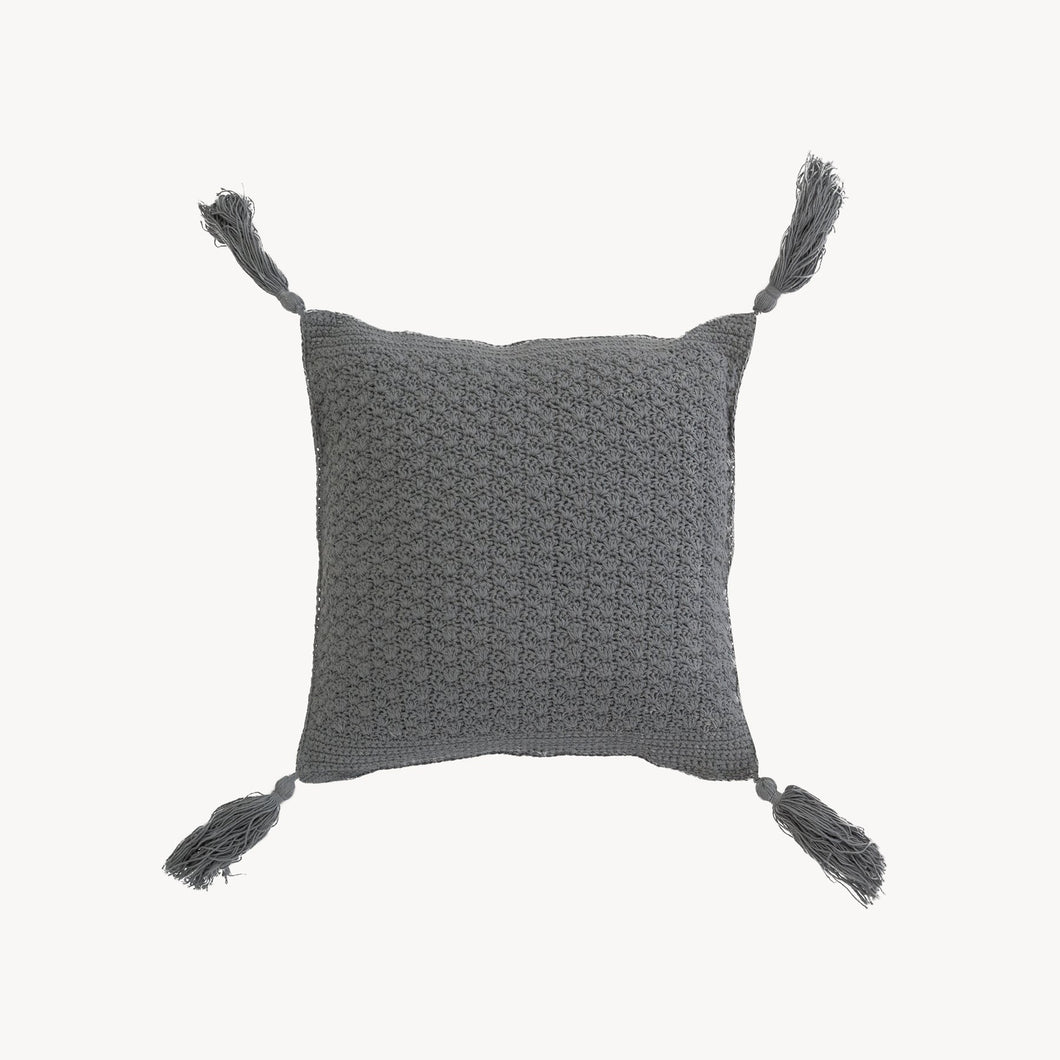Crochet Pillow with Tassels (Gray) - 15x15